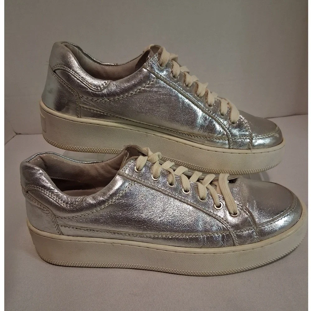 Free People US 7 EU 38 Silver Metallic Platform Leather Sneakers Shoes Women's